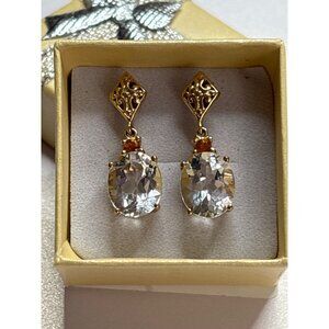 10K Gold Oval Cut White Topaz & Citrine Drop Earrings Made In Thailand
